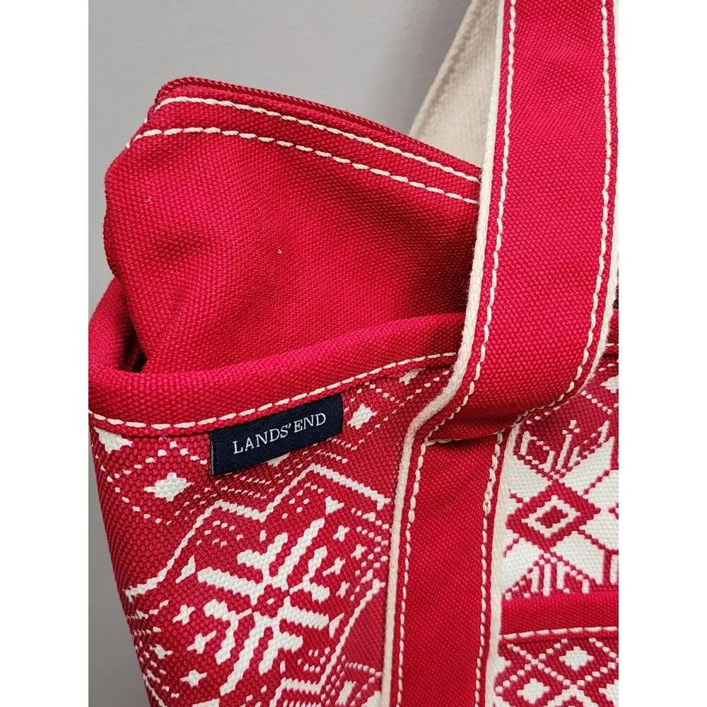 Lands End Medium Size Nordic Snowflake Red Canvas Zip Tote
